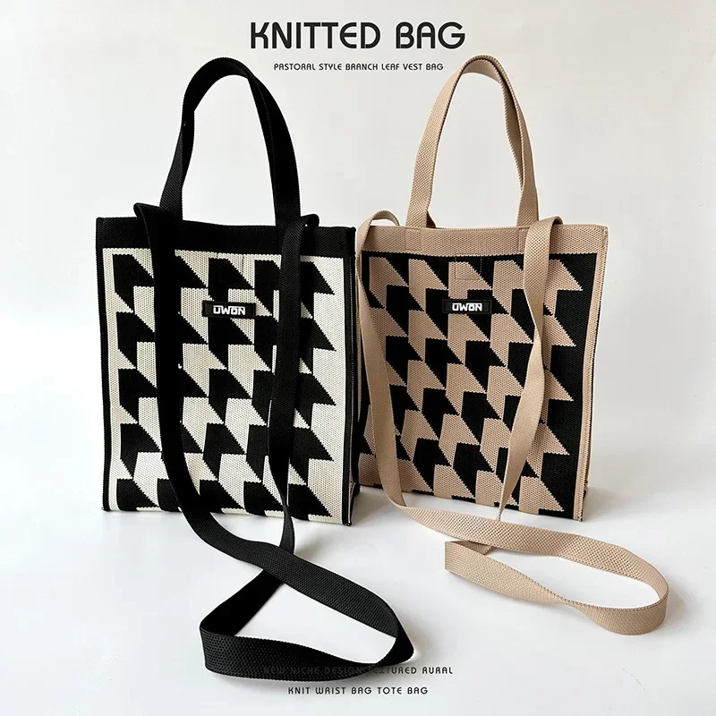 

Niche Design! Black & White Houndstooth Knitted Tote - Handheld/Crossbody Small Square Bag, Spacious & Versatile for Commute