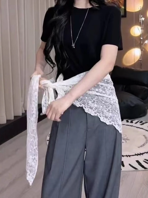 

plus Size A-Line Skirt Women's Lace Overlap Slimming Tulle Skirt High Waist Korean Sle Commute Summer Regular Thin