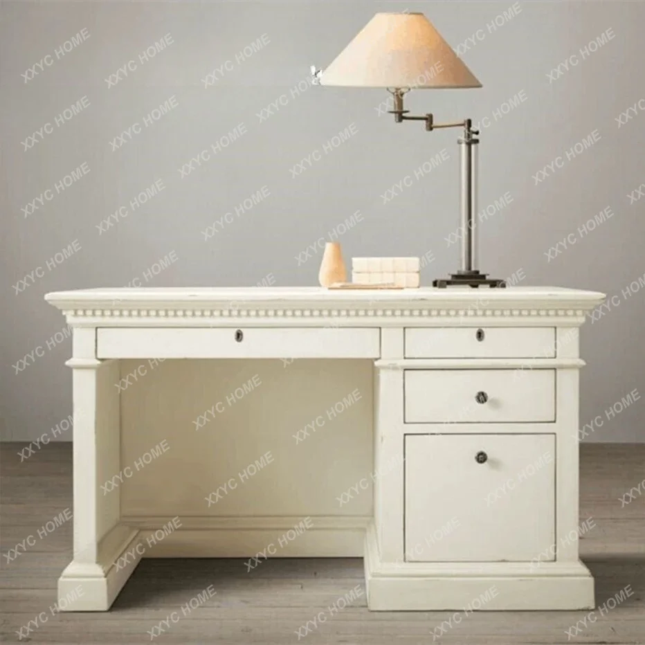 Solid Wood Desk Vintage White Office Computer Desk Home Study Table  Custom