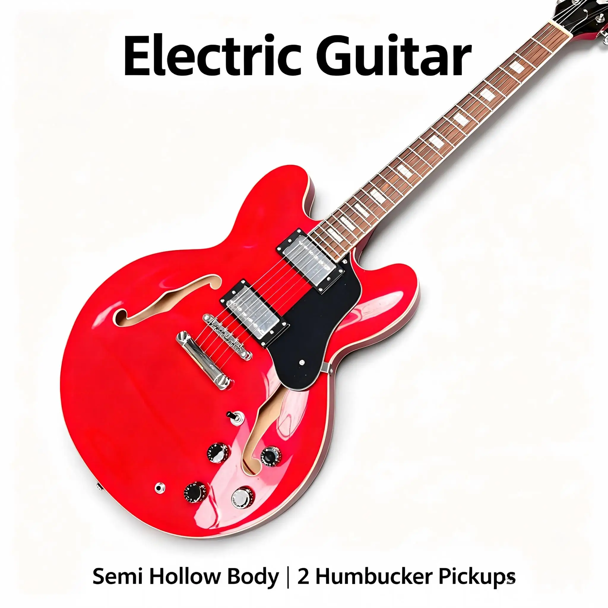 Semi Hollow Electric Guitar, Bright Red Gloss, F Holes, Dual Closed HH Pickups, 2V2T, Fixed Chrome Bridge, Jazz Blues Rock