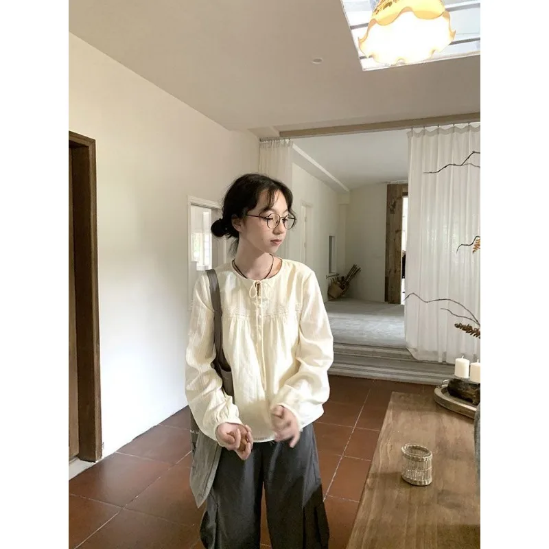 Qweeek Kawaii Japans Shirt Vrouwen Effen Kleur Elegante Jeugdige Zoete Blouse Met Veters Casual Schattige Kleding Met Lange Mouwen Herfst