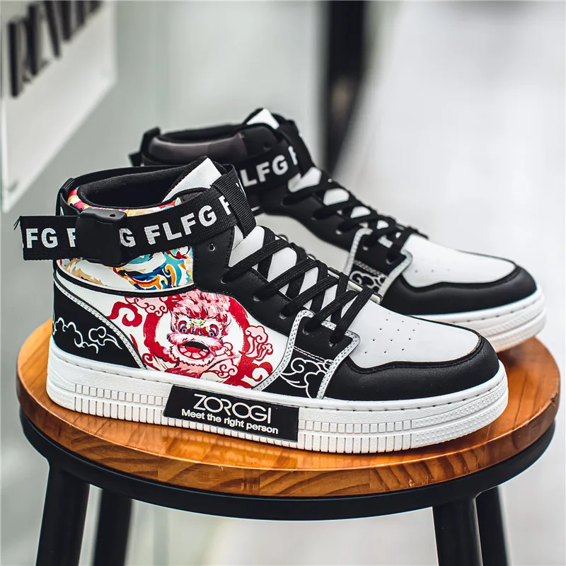 

Autumn and Winter High Top Chinese Style Print Couple Trendy Shoe Kids Casual Sneakers Student Board Basket Walking Shoe