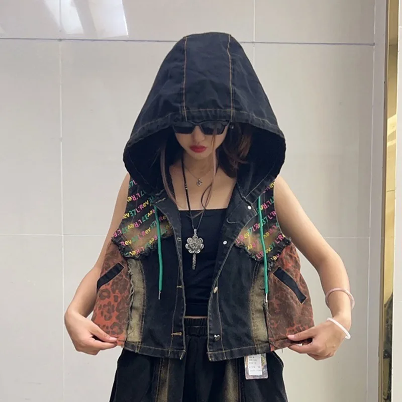 Fashion Personality Trendy Cool Women's Clothing Spring Autumn New Denim Hooded Vest And Elastic Waist Harlan Pants Streetwear