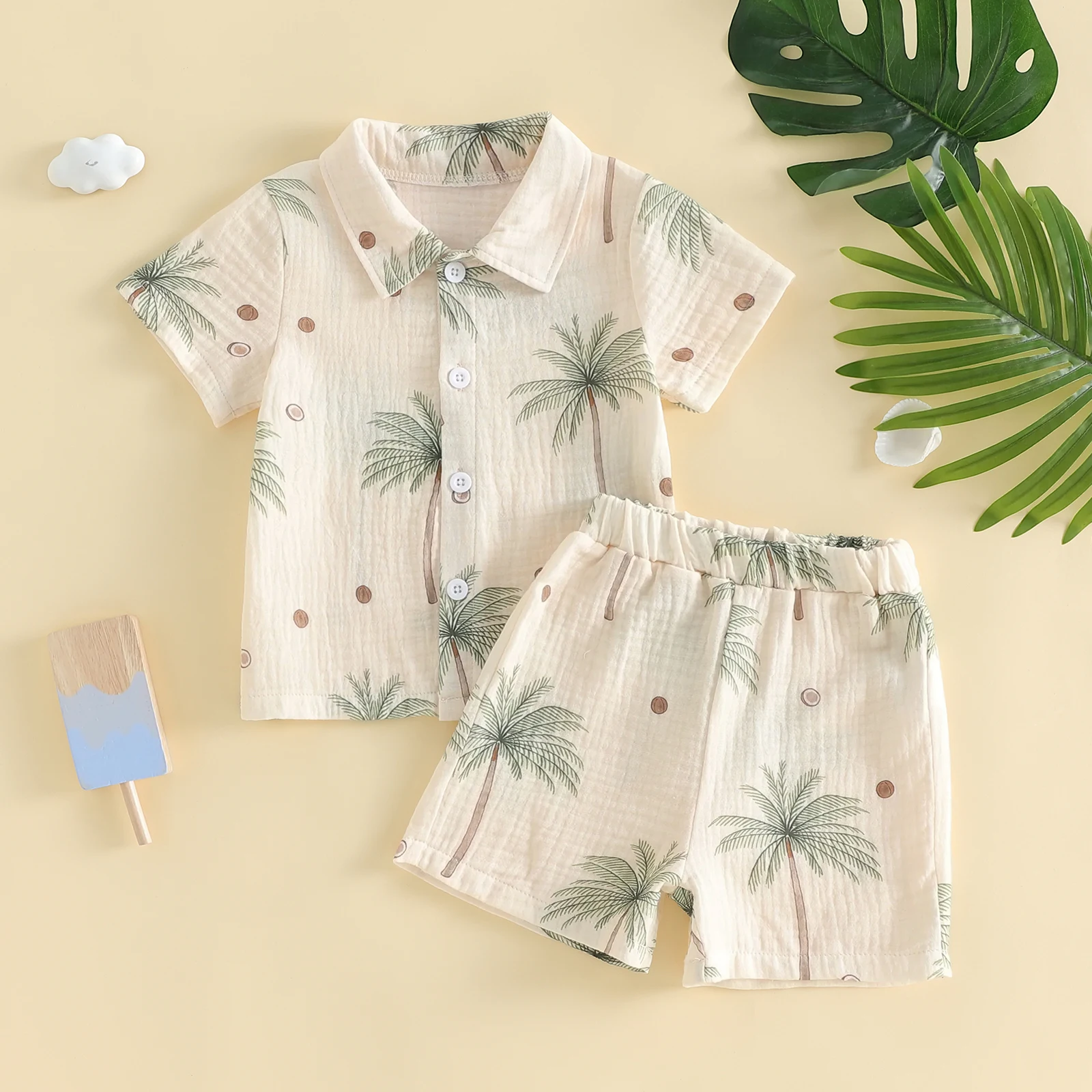 Toddler Baby Summer Outfit Dinosaur/Leaf/Coconut Tree Print Button Down Collared Short Sleeve Shirt and Shorts 2 Pcs Set