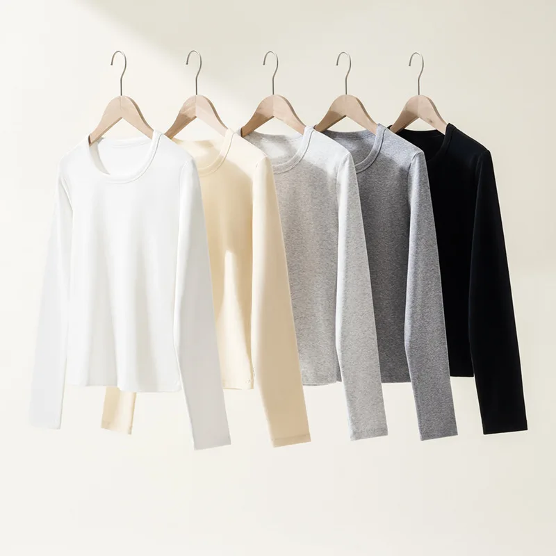 T-shirt Women's Casual Spring Autumn Winter Long-sleeve Fleece T-shirt Plain Colour Keep Warm Slim Fit Round Neck Top Lady Girl