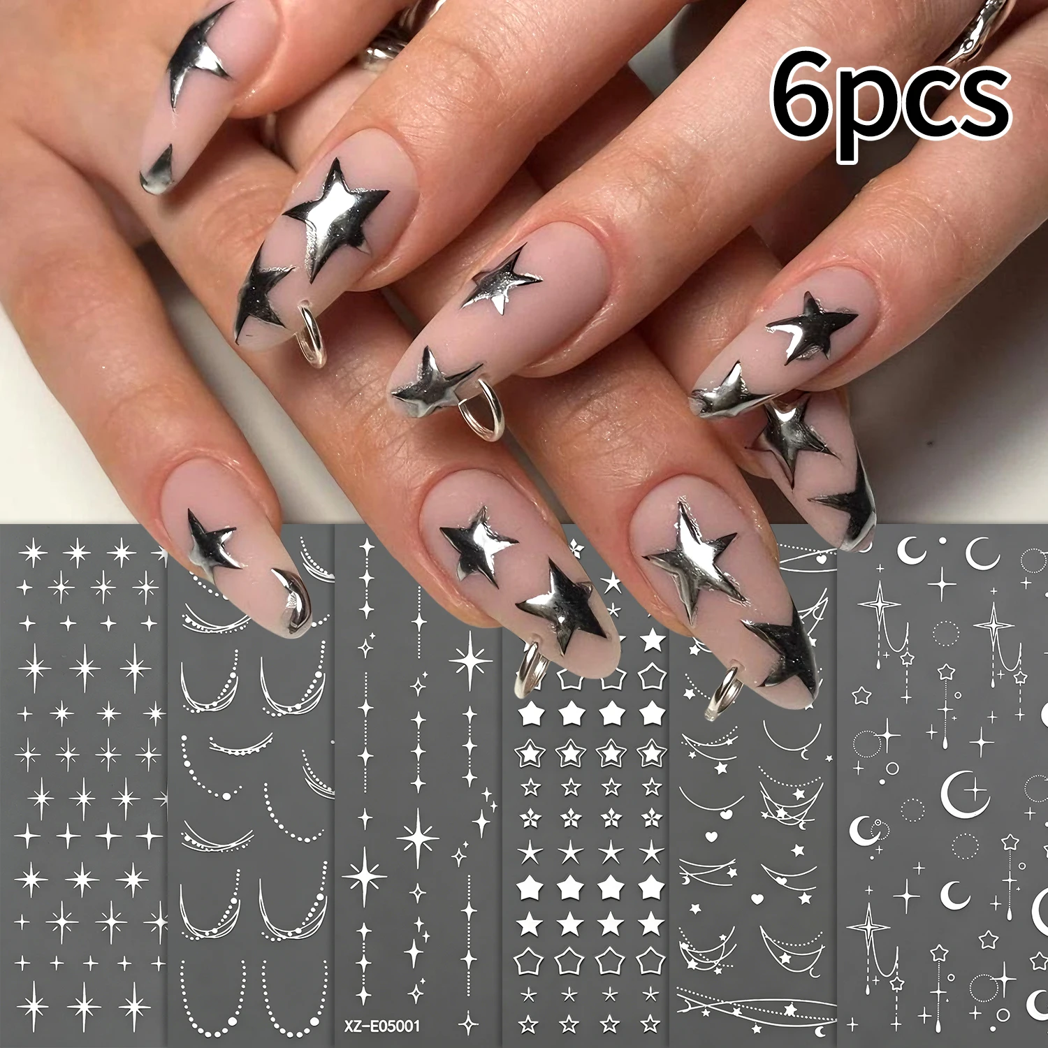 6 Stück 3D Metallic Silber Nagelaufkleber Unregelmäßiges Leoparden-/Stern-/Kurvenlinien-Design Nagelkunst-Abziehbilder Y2K Abstrakte Linien Maniküre-Dekoration