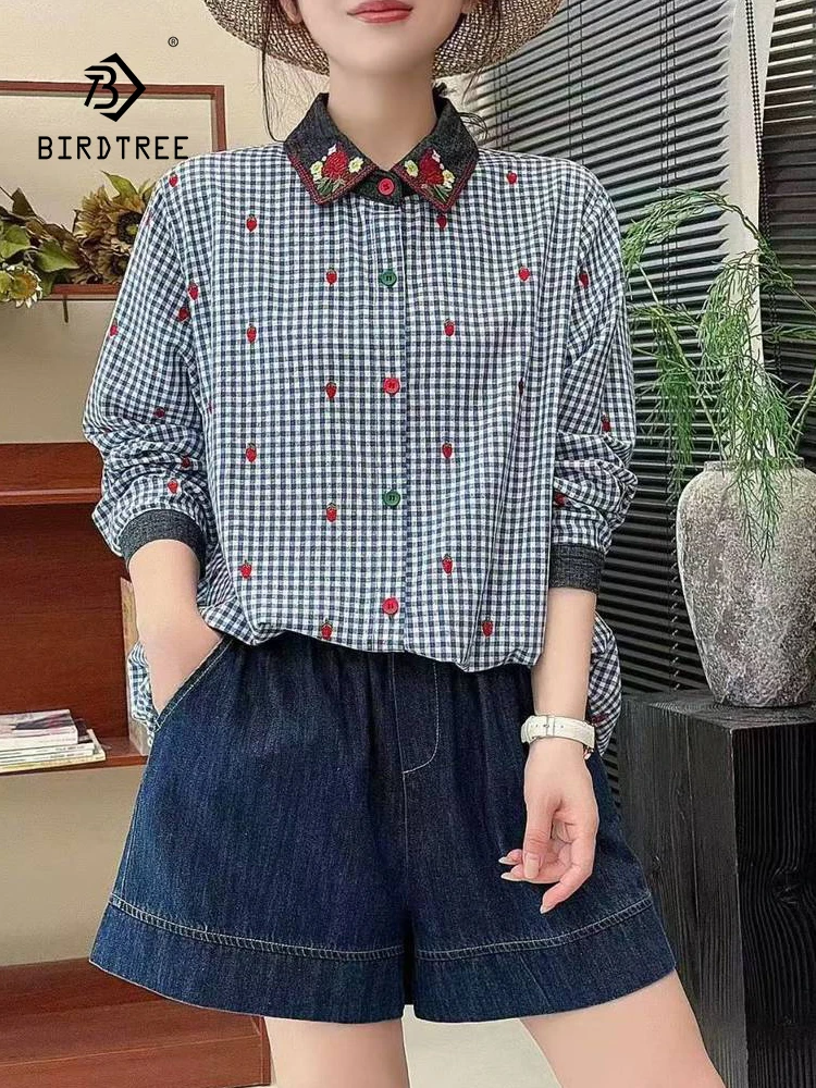 

New 2026 Spring Cotton Yarn Long Sleeve Shirt, Women Lapel Embroidery Plaid, Mori Girl Retro Japan Style Loose Blouse T61524CC