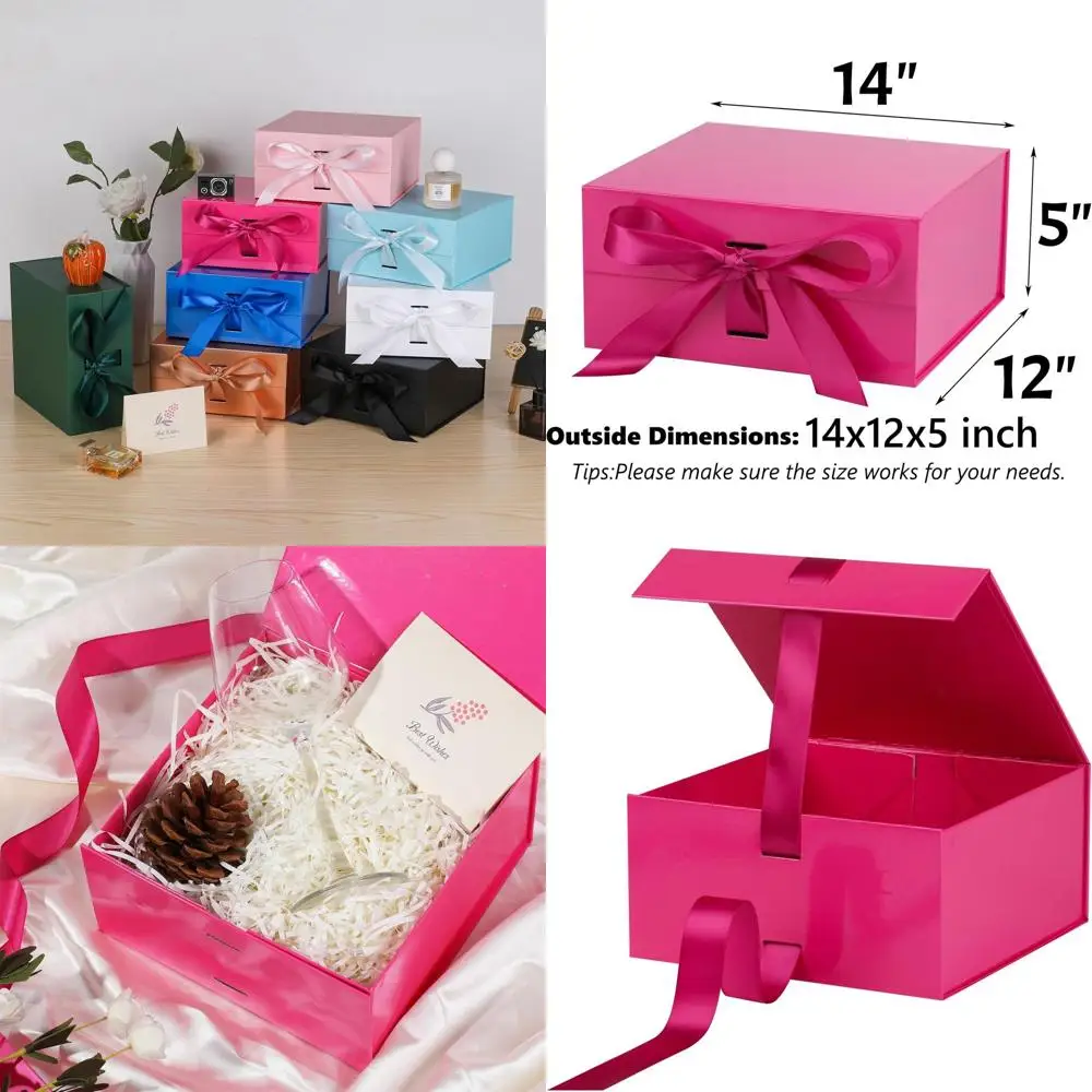 

Bright Pink 14x12x5 Inch Gift Boxes with Lids, Magnetic Closure, and Ribbon for Weddings, Storage, Birthdays (5-Pack)