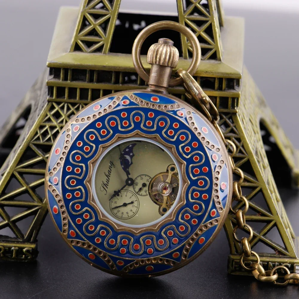 Cronografo vintage in bronzo con luna, orologi da tasca meccanici per uomo, collana, catena, regali, orologio a carica manuale