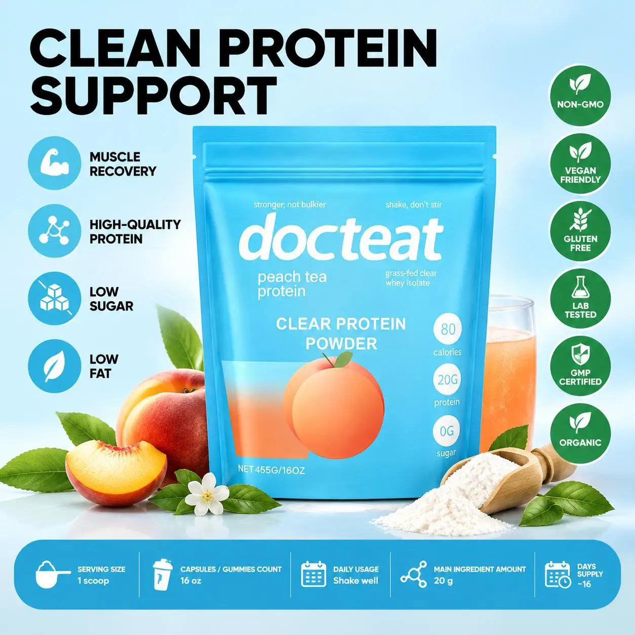 Whey Protein Powder Peach Tea Flavor, Low Sugar Zero Fat Formula, Whey Isolate Supplement for Muscle Recovery Fitness Support
