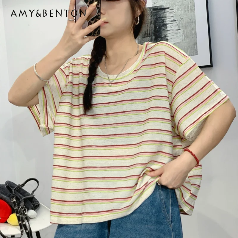 

2026 Summer New Korean Style Women's Color Block 3D Striped Short Sleeves T-shirt Loose Casual Thin Versatile Tee Tops Tshirts