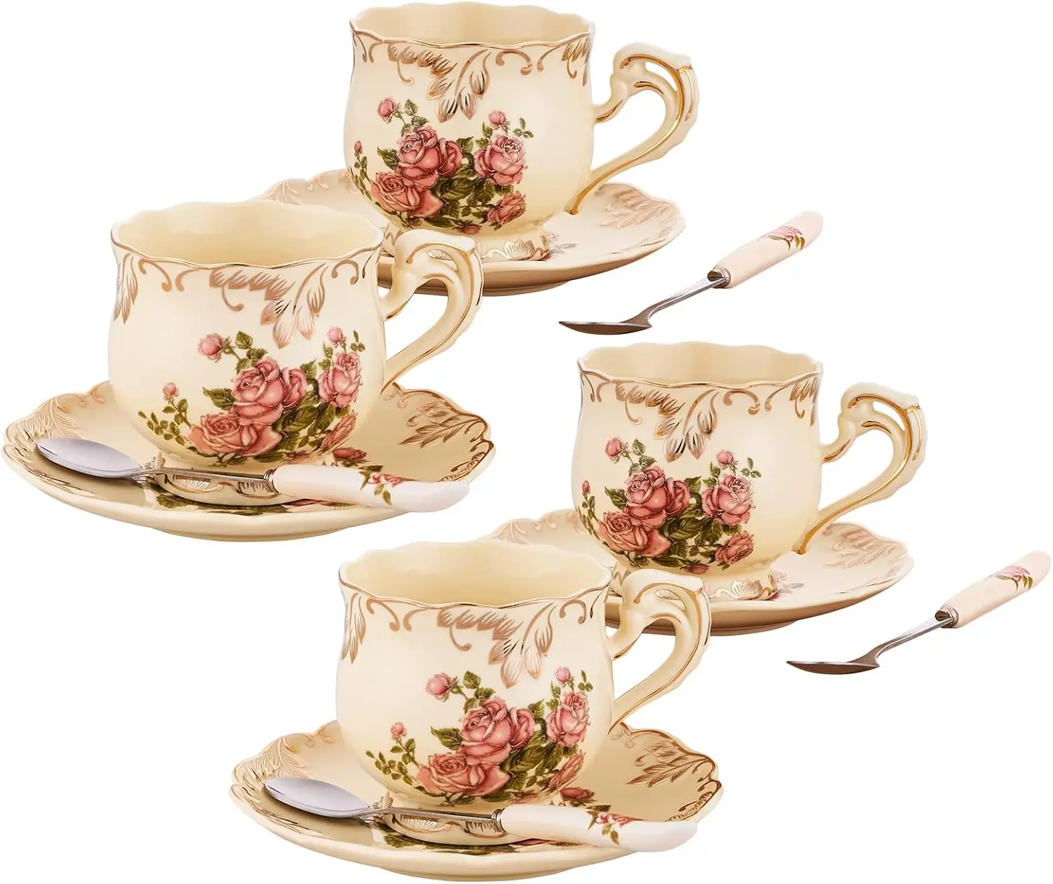 

Tea Cups and Saucers Set of 4, 8 Oz Ivory Rose Floral Porcelain Teacup and Saucer Set with Gold Trim, Vintage Tea Cups with Spoo