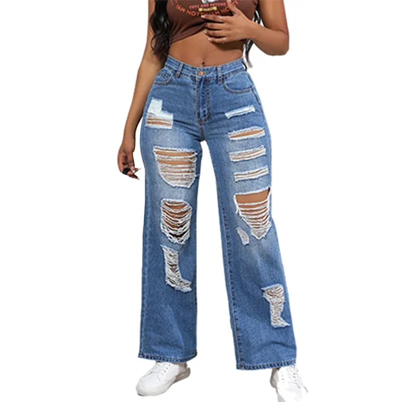 

Vintage Women Straight Jeans Summer Hollow Out Broken Holes High Waist Denim Trousers Female Casual Long Pants Trend Streetwear