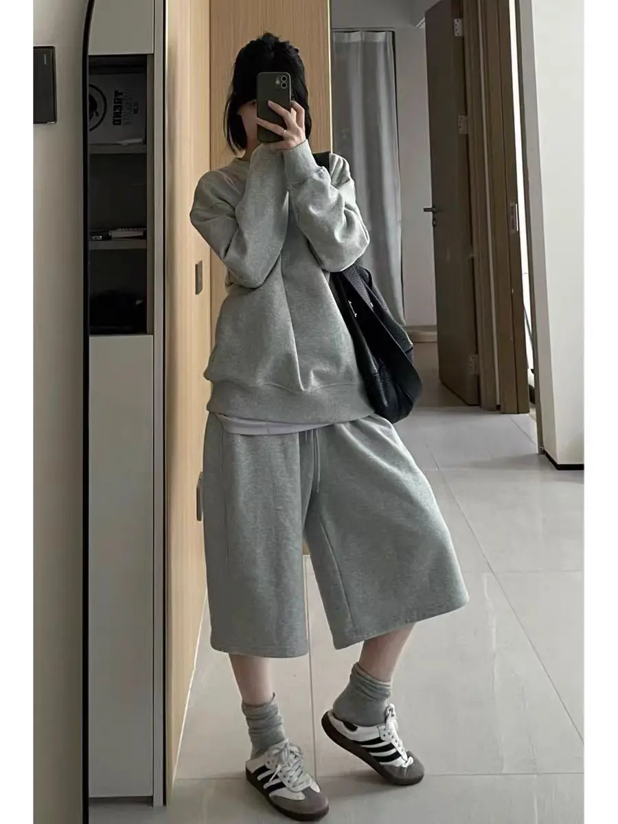 

High Quality Korean Sweatshirt Two-Piece Set For Women'S Spring And Autumn, Simple And Loose Round Neck Casual Sports Suit