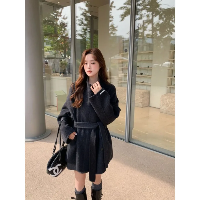 

Осень-зима 202, новое шерстяное кашемировое двустороннее женское пальто с воротником-стойкой, дизайнерское пальто с поясом, женская одежда