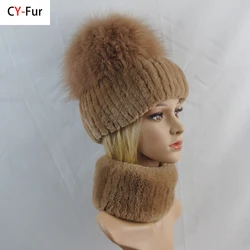 Gorro de piel de zorro auténtica para mujer, bufanda con anillo de piel de conejo Rex Natural, gorro de invierno, novedad