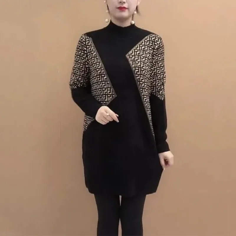 Autumn and Winter Women's Spliced Half High Neck Pullover Long Sleeve Slim Printing Chain Midi Fashion Casual Commuter Dress