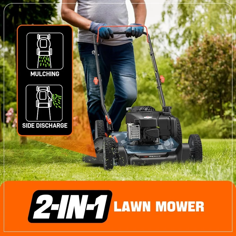 Cortador de grama a gás SENIX de 21 polegadas com motor Briggs & Stratton de 4 ciclos de 125cc, mulching e capacidades de descarga lateral, C ajustável