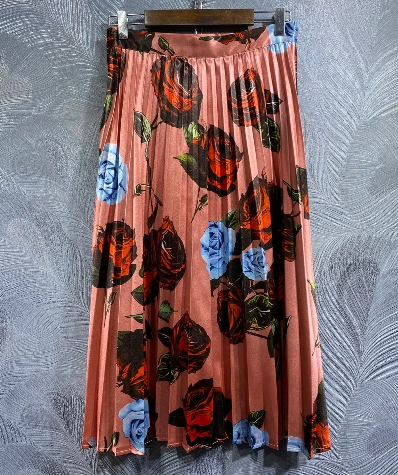 Set di due pezzi 2024 primavera moda gonna abiti abbigliamento donna di alta qualità colletto rovesciato camicie con stampa floreale rosa + gonne Midi