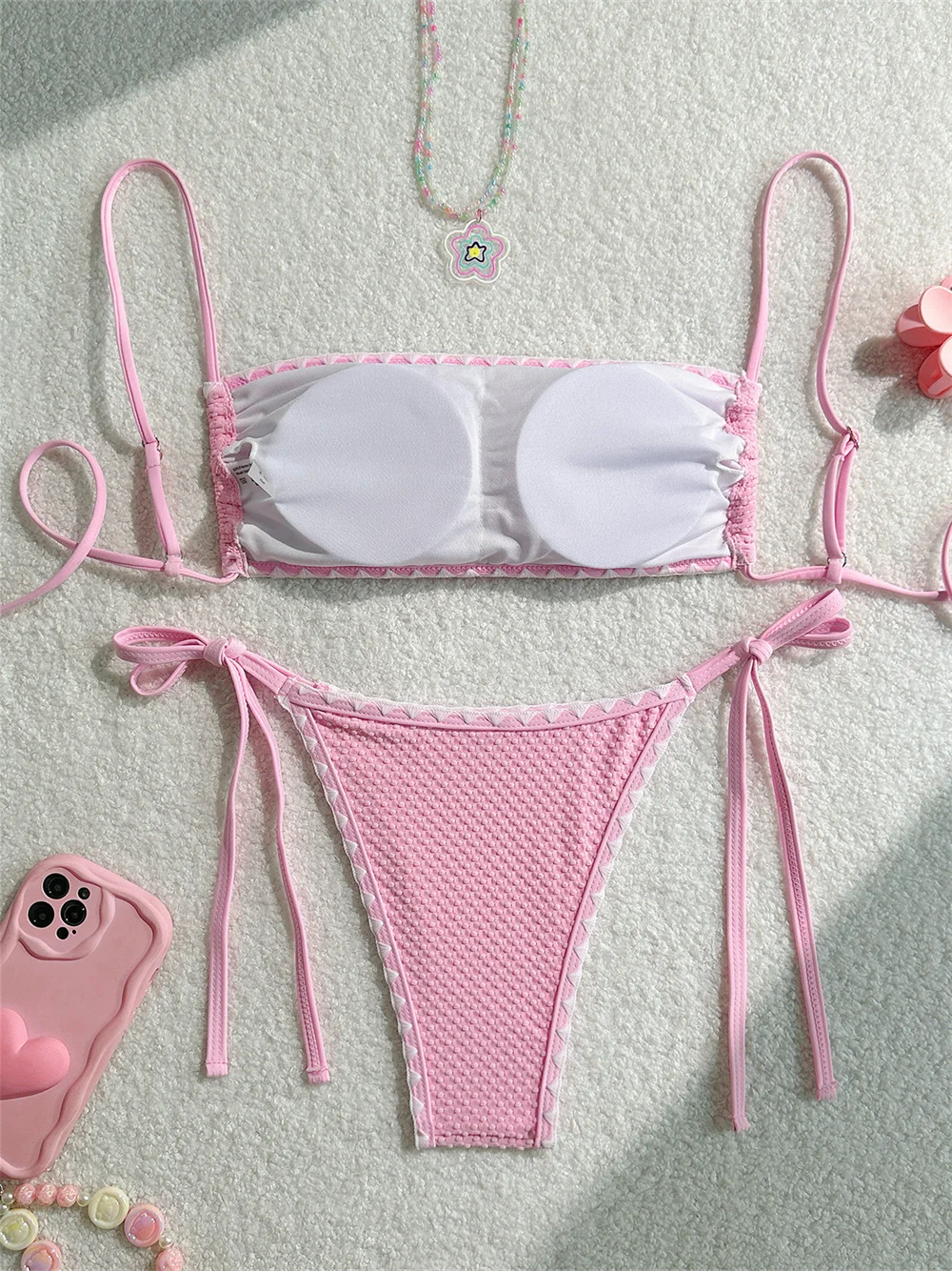 Pink String Bikini Scalloped Border Y2K Bandeau Swimsuit Women Backless Lace-up Swimwears Embossed Vacation Outfits Bathing Suit