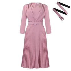 African Dresses for Women Elegant 2025 Spring African Long Sleeve O-neck Polyester Pleat Maxi Dress with Belt African Clothing