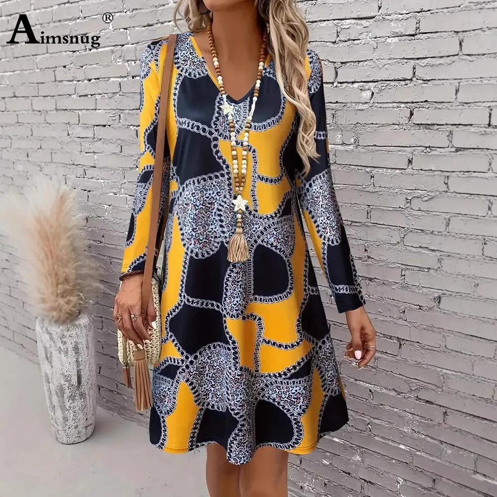 Aimsnug Frauen Lange Ärmel Party Kleid Weibliche V-ausschnitt Boho Blume Drucken Befree Kleid Große Große Damen Elegante Kurze Mini Kleider