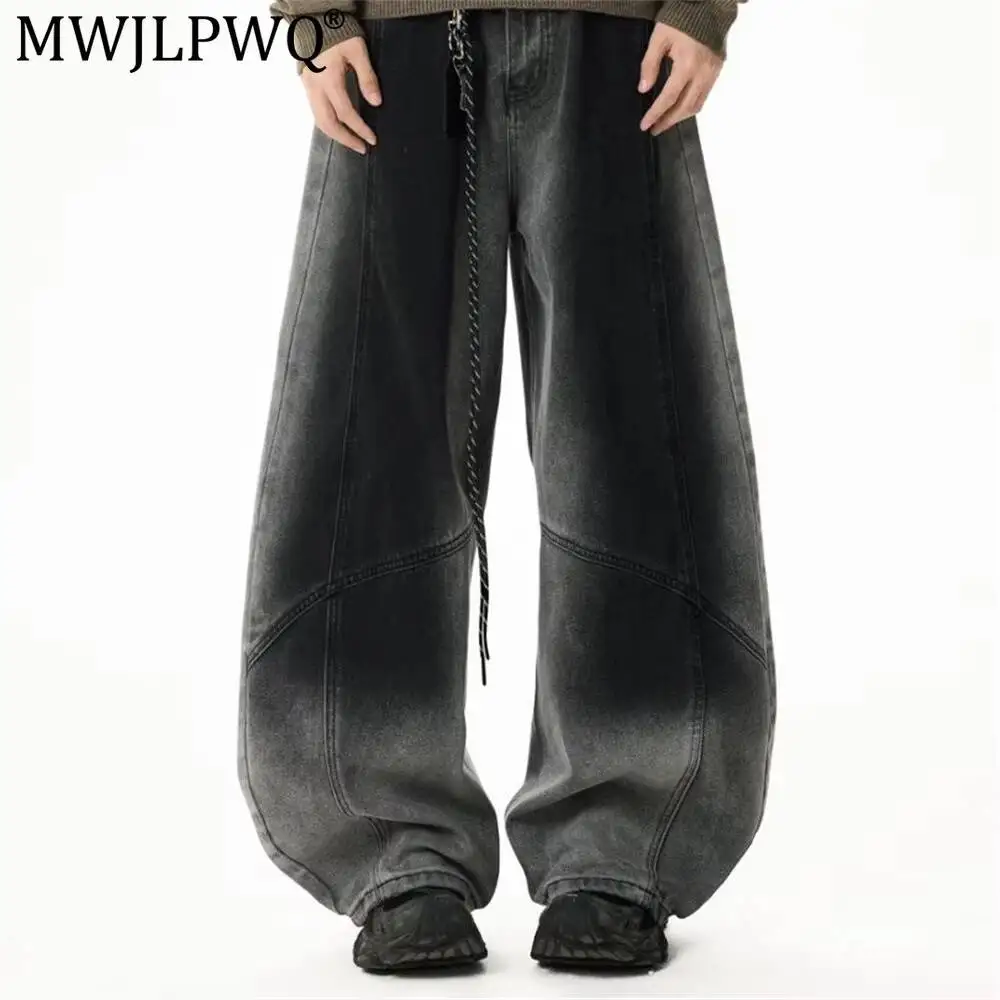 MWJLPWQ American High Street Gradient Washed Denim Wide-Leg Pants Men Trendy Deconstructed Design Distressed Loose Jeans 20212