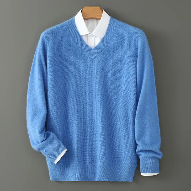 

100%Pure Mink Cashmere Knitted Sweater Men's V-Neck Jacquard Loose Pullovers Fashion Youth Warm Joker Bottoming Shirt 2025Autumn