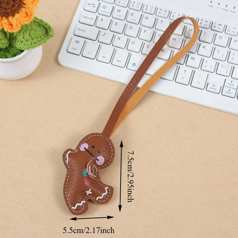 Faux Leather Gingerbread Man Pendant Hand Sewing Blush Little Person Keychain Bag Charm Cute Christmas Decor Backpack Accessory