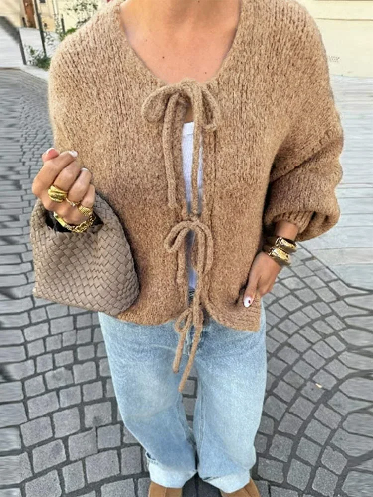 Brown Lace Up Bow Knitted Cardigan Fashion Casual O-neck Long Sleeve Hollow Out Sweater 2024 Autumn Female High Street Knitwear