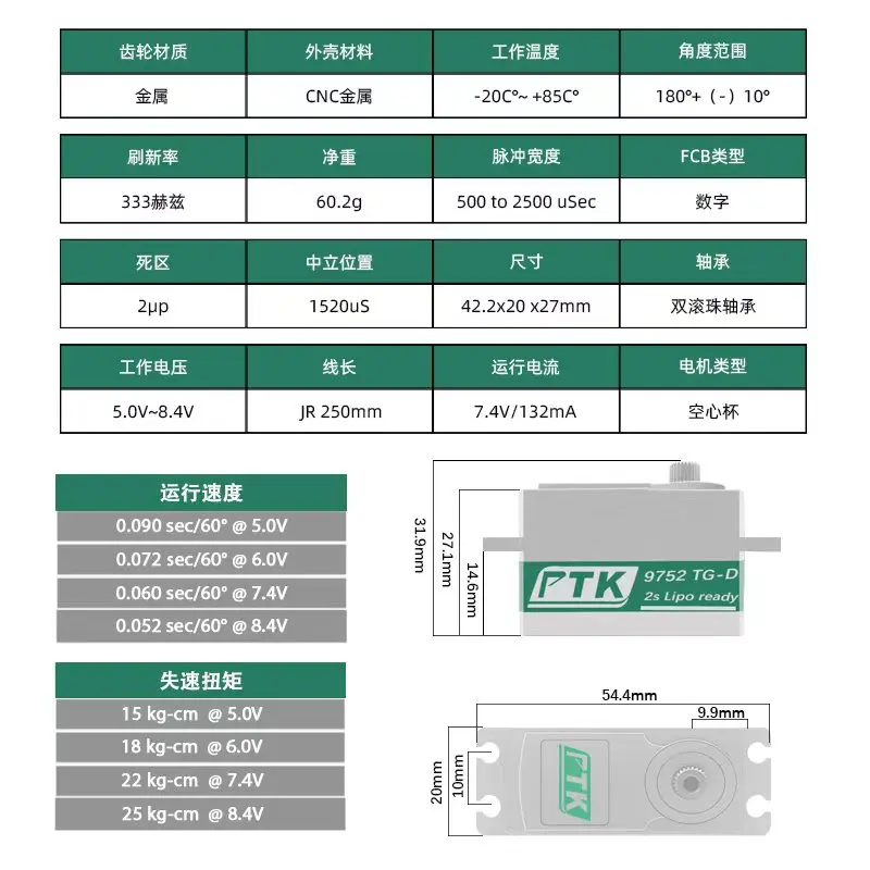 PTK 9752TG-D Metal 1/8 1/10 Remote Control Car Drift Flat Sports Car Squat Servo High Speed Model Servo Low Profile Servo
