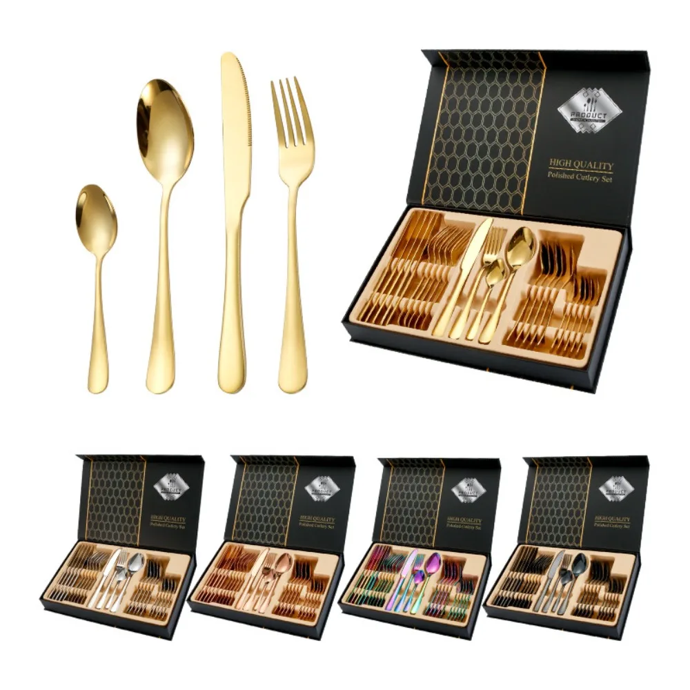 

24 шт. пищевой набор столовых приборов с коробкой, минималистичный декор, набор ложек и вилок для ужина, портативная легкая роскошная посуда из нержавеющей стали
