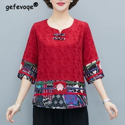 New Women Vintage Chinese Ethnic Style Embroidery Blouses Fashion Elegant Print Cotton Linen Shirts Ladies 3/4 Sleeve Loose Tops