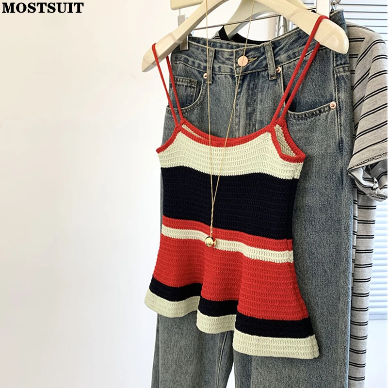 

Summer Sexy Striped Knit Sweater Vests Women Crop Tops Slings Sleeveless Stylish Chic Fashion Ladies Knitwear Tees Jumpers 2025