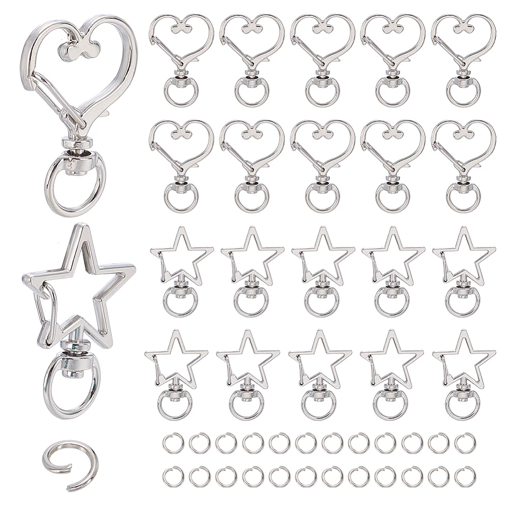 160 Sets Heart Star Shape Keychain 2 Styles Alloy Clip-on Keychain Platinum Spring Snap Hooks Hanging Buckle Keyring Accessories