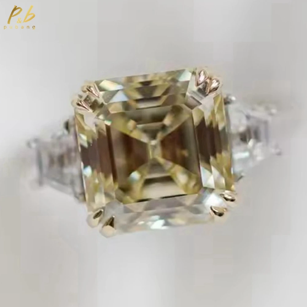 

PuBang Sparkling 3EX VVS1 Женское кольцо с желтым муассанитом 7CT Asscher Cut Оригинальное белое золото 9k 18k 585 Двухцветные украшения для вечеринки