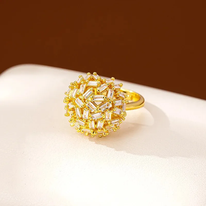 Zylax Jewelry 24K Gold Zircon-Inlaid Snowflake Hydrangea Index Ring Women AU999- 24K gold crafted, AU999 certified, exquisite lu