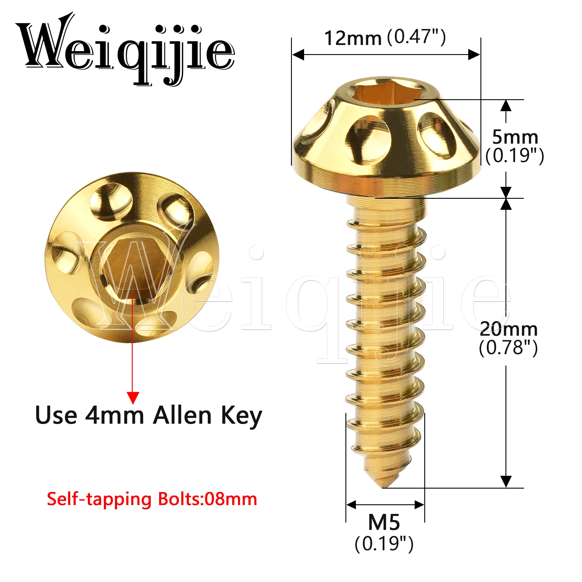 Weiqijie 4 Stuks Titanium Bout M 5X20Mm Zelftappende Knop Zeskant Kop Schroeven Bout Voor Motorfiets Auto