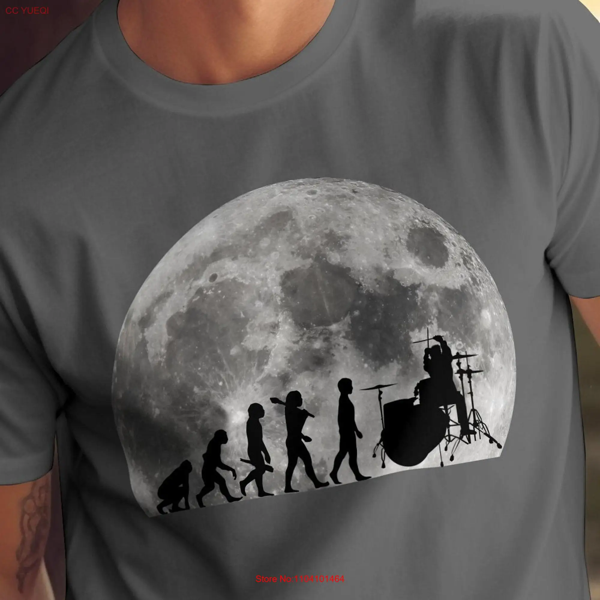 Human Evolution T Shirt From Ape to Drummer Unique Drumming Enthusiast Moon Lunar Background long or short sleeves