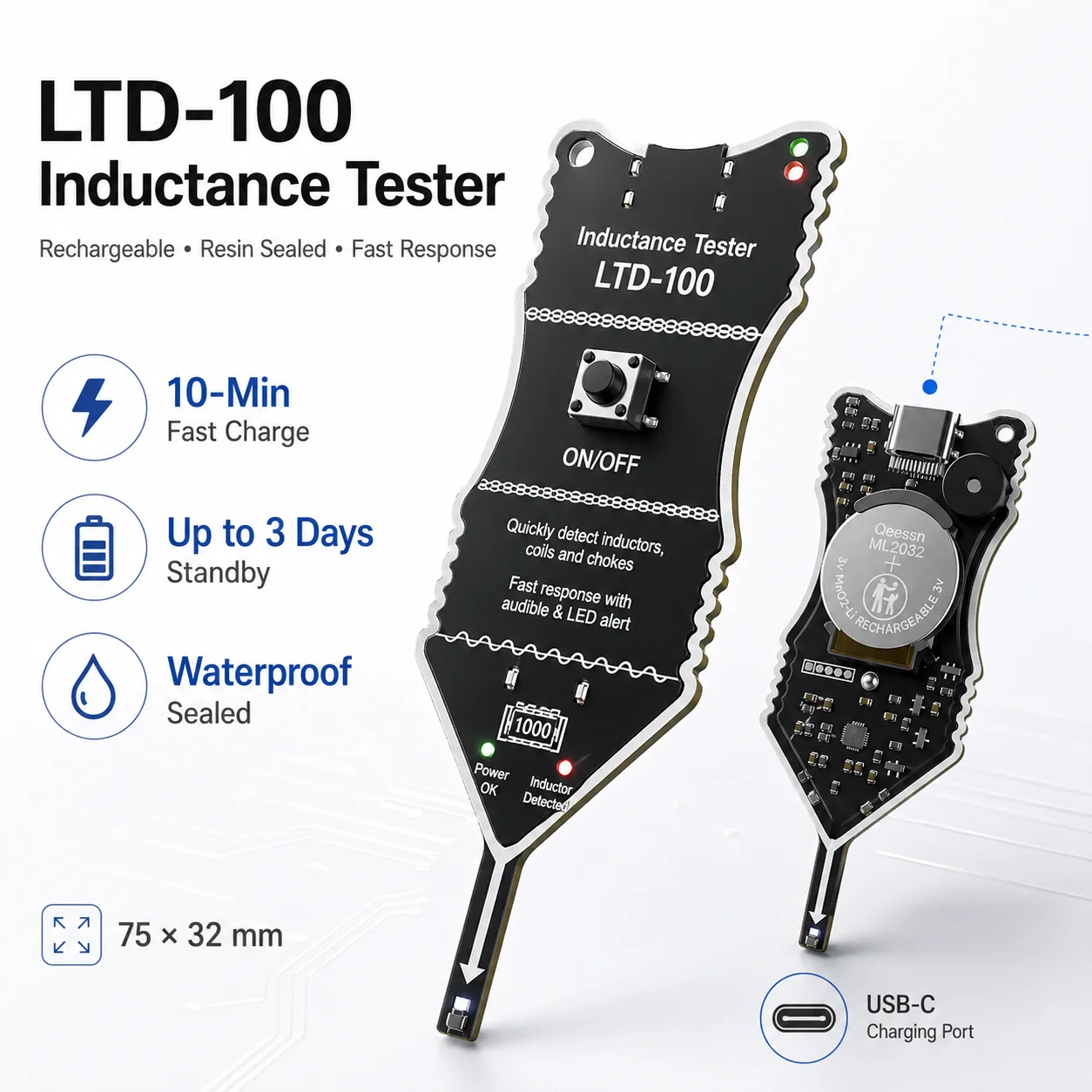 LTD-100 Rechargeable Inductance Tester Detector, Fast Coil Choke Checker with LED Buzzer Alert, USB-C Charging, Sealed PCB