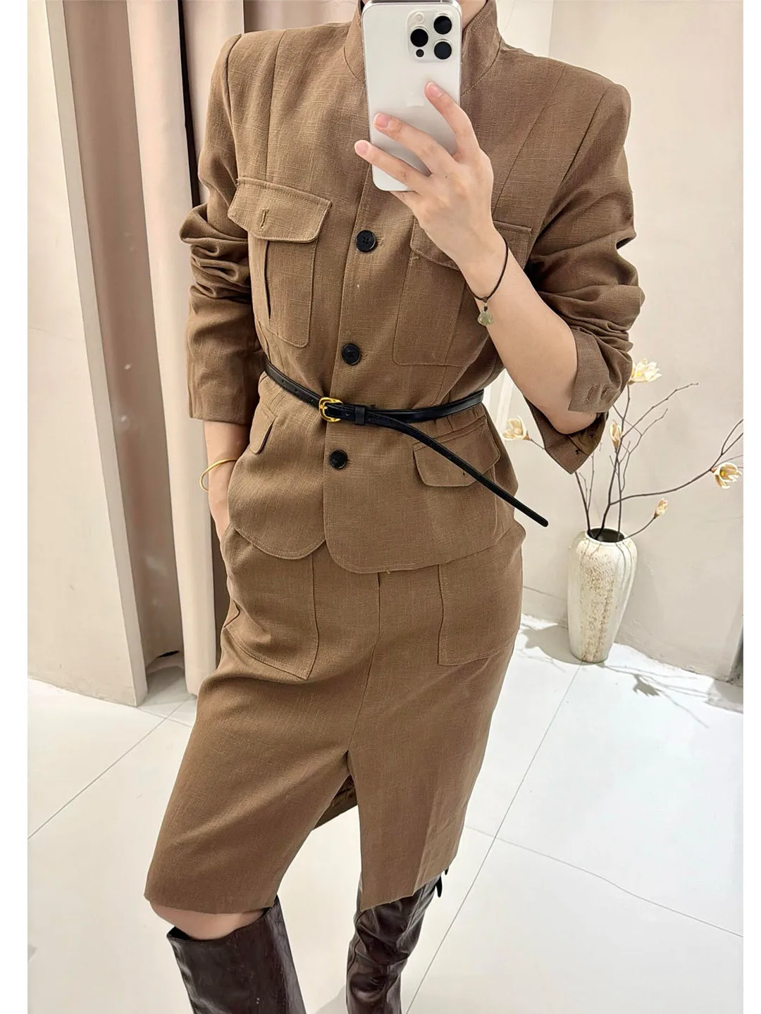 Ladies Linen Jacket And Skirt Set High Intelligence Sensation Simple Stand Collar Outerwear Mid-Length High Waist Half Skirt ...