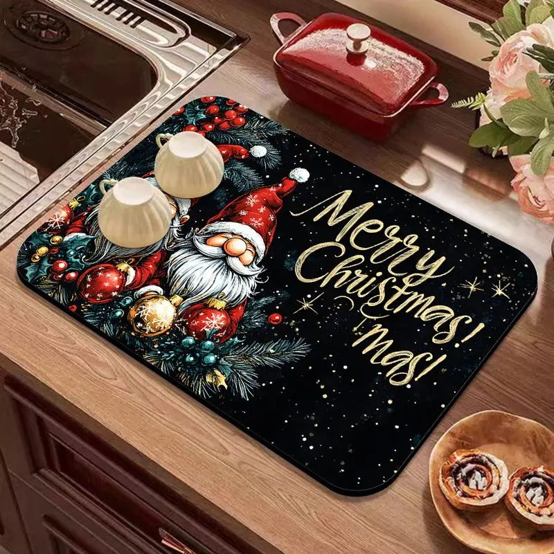 VIKAMA Christmas Dish Drying Mat Black Gnome Red Hat Bauble Pine Gold Sparkle Sink Mat Kitchen Counter Christmas Holiday Decor
