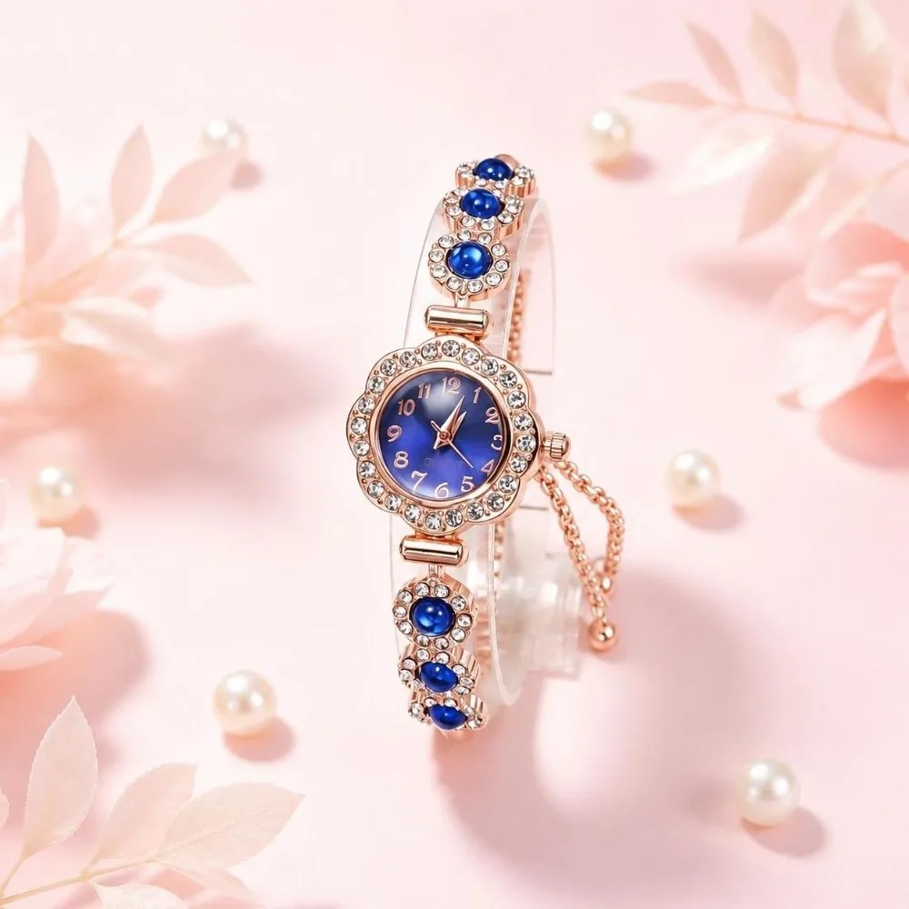 Exquisite Elegant Bracelet Watch Adjustable Rhinestone Chain Watch Alloy Flower Shape Quartz Watch for Women Girls