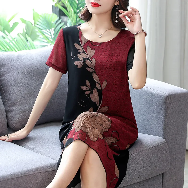 Female Korean Chiffon Dress Mother New Positioning Flowers Middle-aged Elderly High-end Length Dress Women A-line Skirt