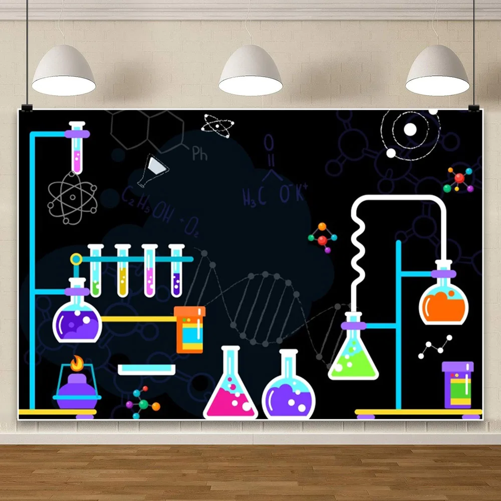 Fondo de fotografía de laboratorio de química, elementos científicos divertidos, fórmulas, símbolos de matemáticas, microscopio, fondo escolar, accesorios de estudio fotográfico