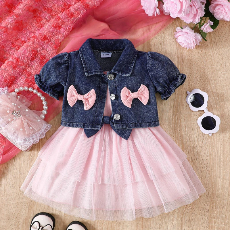 

Spring and Summer Girls Sling Dress Set, Infant and Toddler Fashion Bow Mesh Dress and Short Sleeve Denims Coat Two Piece Suit