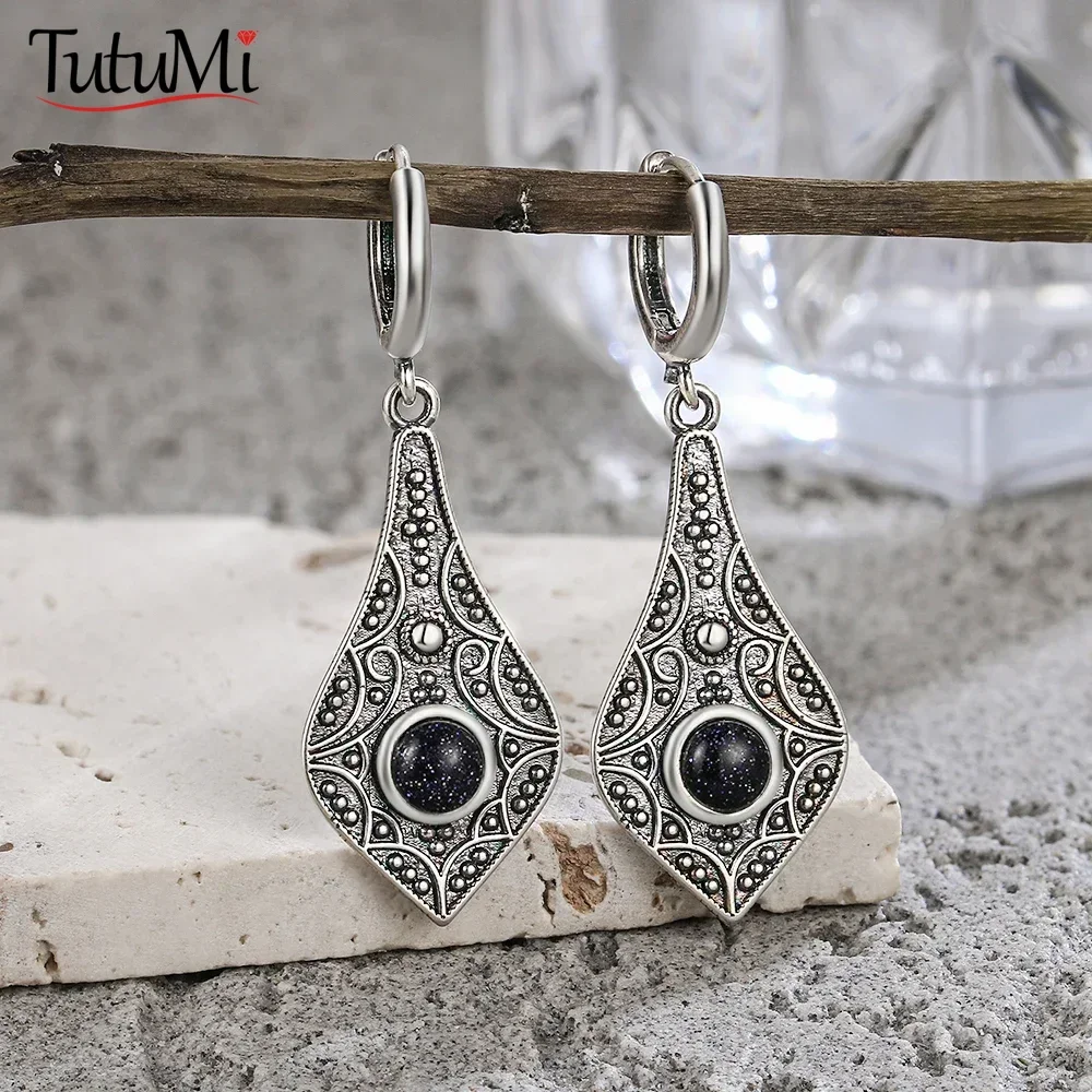 925 Silver Vintage Earrings Blue Sandstone Women's Earrings Elegant Party Jewelry Accessories Drop Fashion Earrings