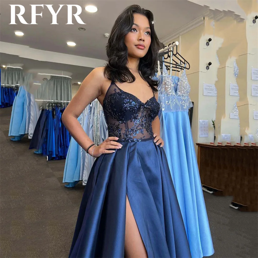 RFYR Navy Blue A Line Prom Dresses Appliques Exquisite V Neck robes du soir Spaghetti Strap Evening Dress Side Split Party Dress