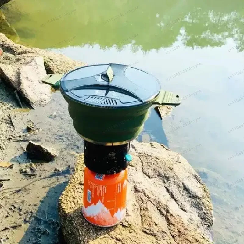 Foldable Portable Camping Kettle Heat  Camping Cookware Pot with Handle for Outdoor Fishing for Picnic Travel Tableware