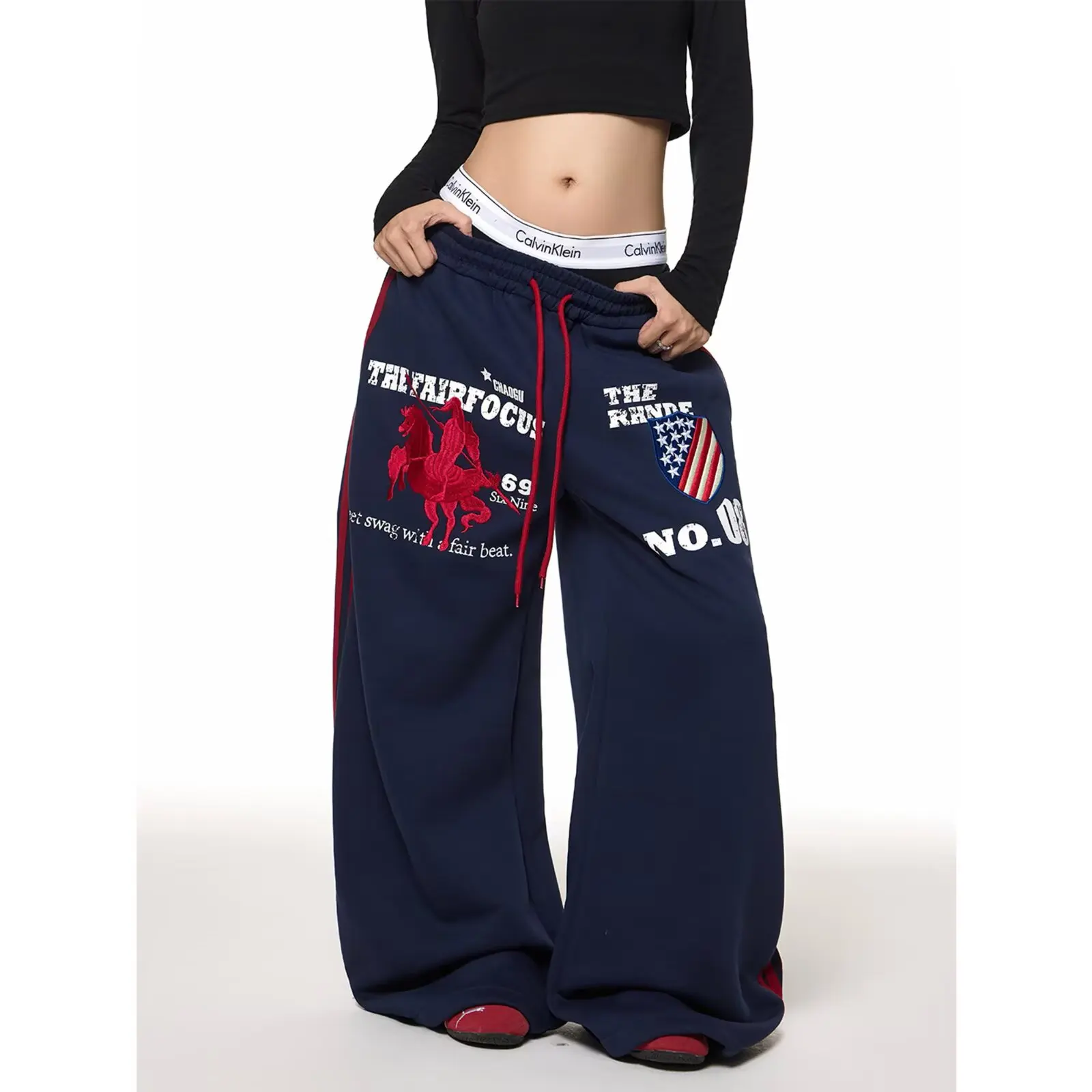 Navy Blue Gothic American Style Letter Men and Women Hip Hop Punk Casual Oversize Wide Legs Multifunctional Jogger Sweatpants